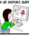 Person ved computer og teksten Speak up, report, support!