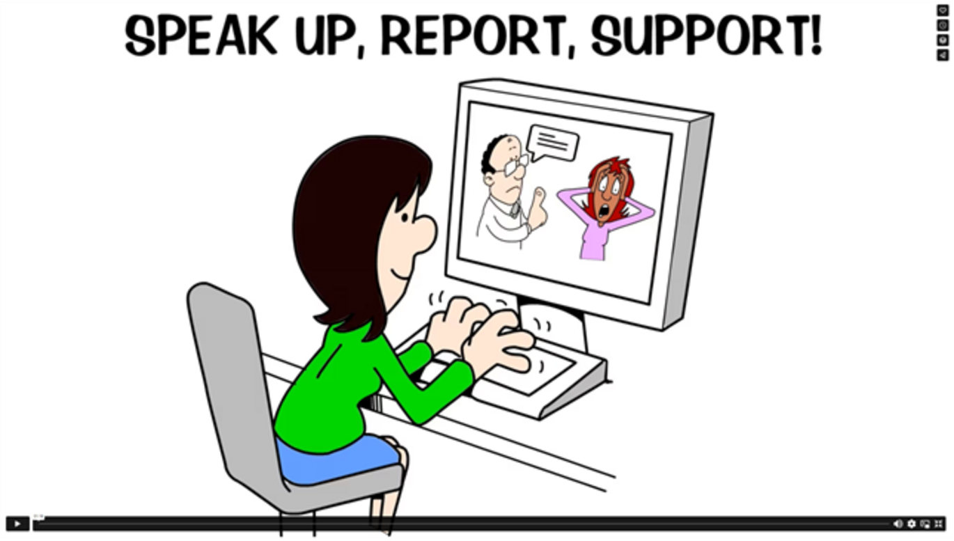 Person ved computer og teksten Speak up, report, support!